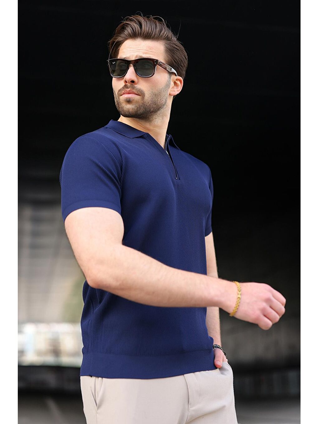 Lacivert Yarım Fermuarlı Polo Yaka Triko Erkek Tişört E74e59-3