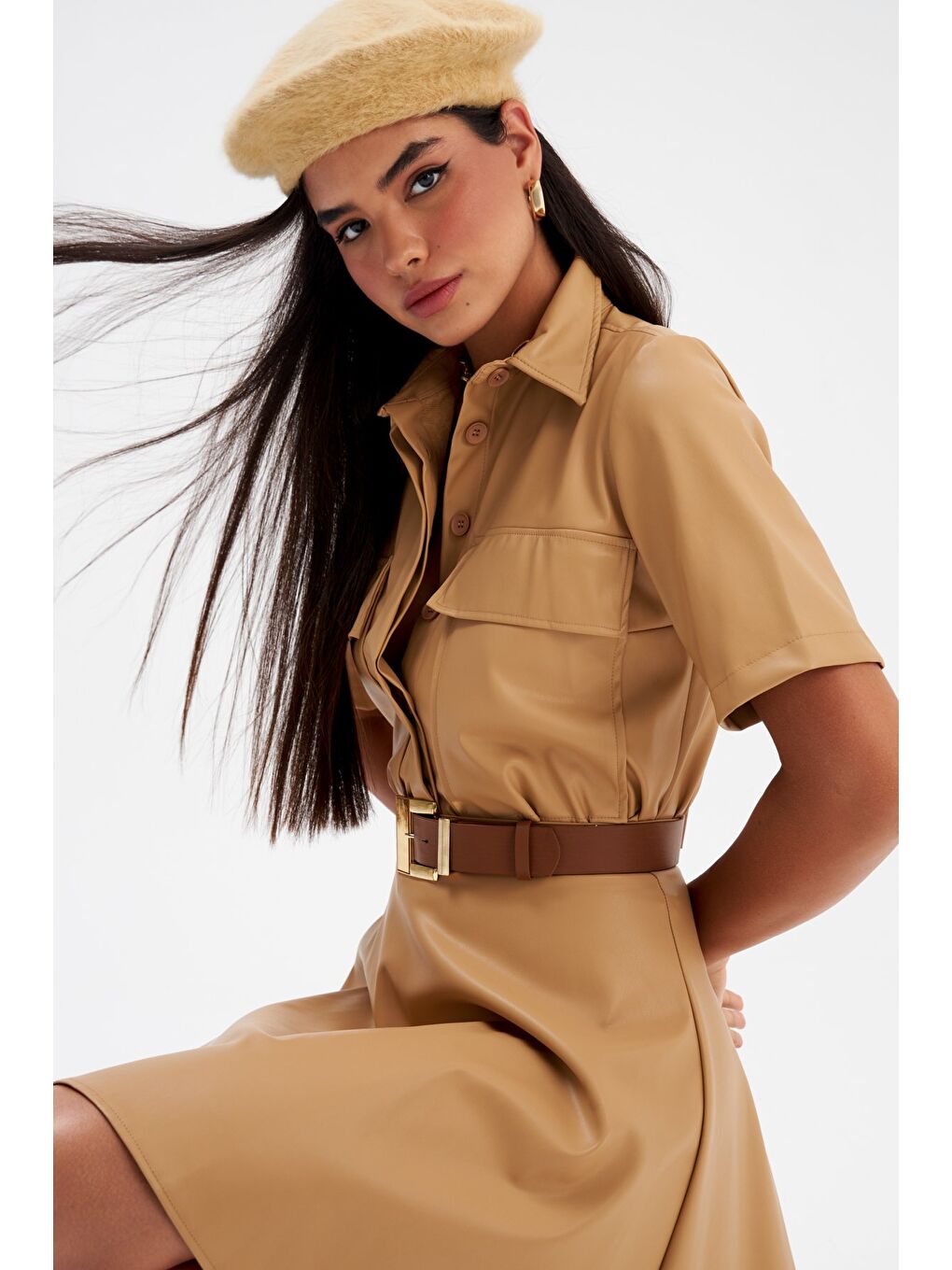 Cep Detaylı Deri Gömlek - Bej