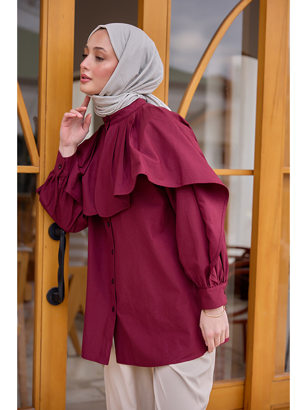 Kadın Balon Kol Çift Yaka Gömlek Bordo-3