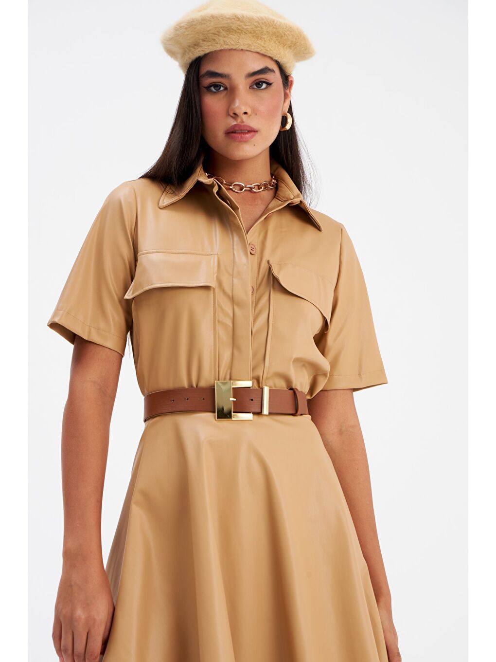 Cep Detaylı Deri Gömlek - Bej-1