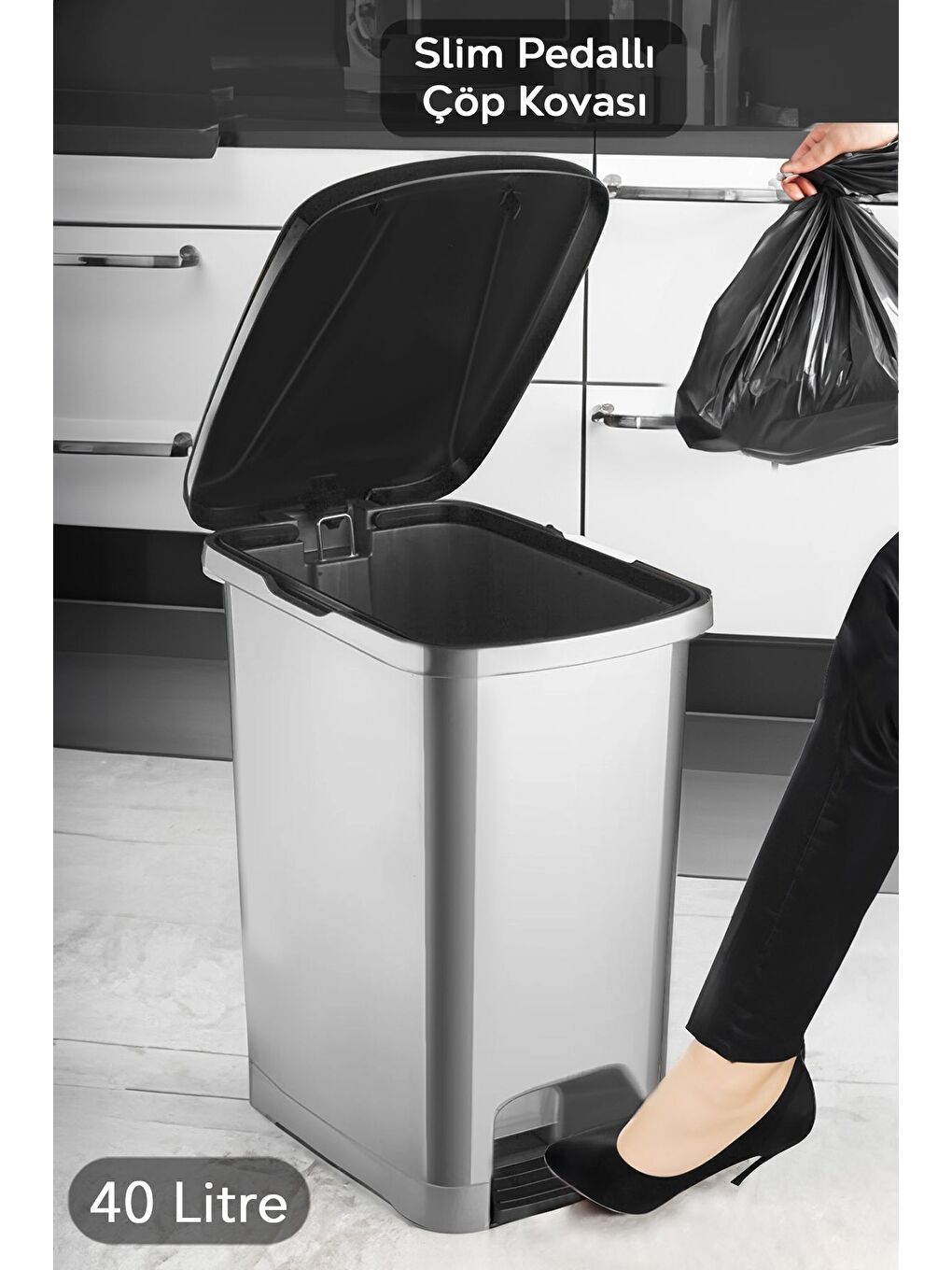 Pedallı Gri Banyo Mutfak Çöp Kovası Siyah Kapaklı Slim Pedallı Çöp Kovası 40 Litre