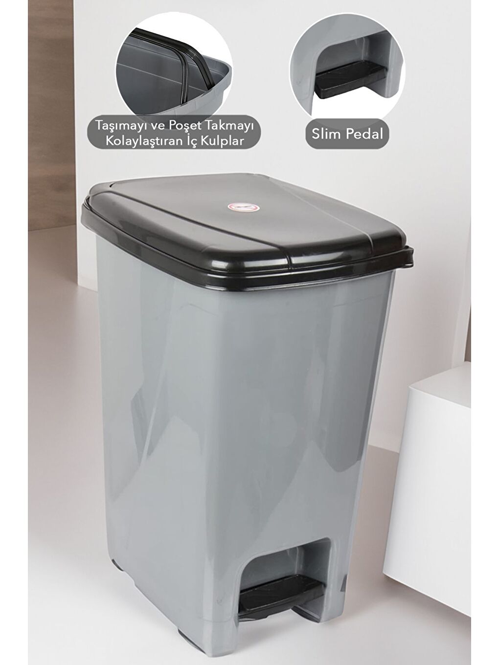 Pedallı Gri Banyo Mutfak Çöp Kovası Siyah Kapaklı Slim Pedallı Çöp Kovası 40 Litre-1