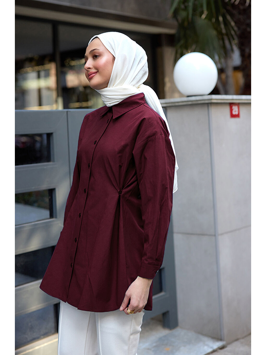 Kadın Yanları Düğme Detaylı Gömlek Bordo-1