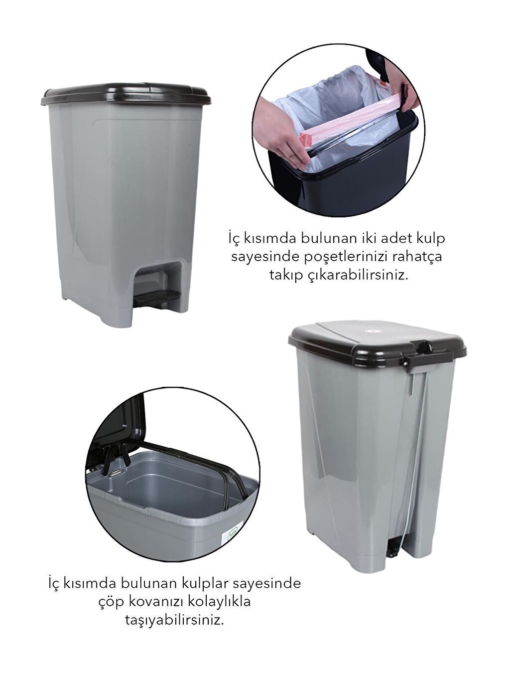 Pedallı Gri Banyo Mutfak Çöp Kovası Siyah Kapaklı Slim Pedallı Çöp Kovası 40 Litre-2