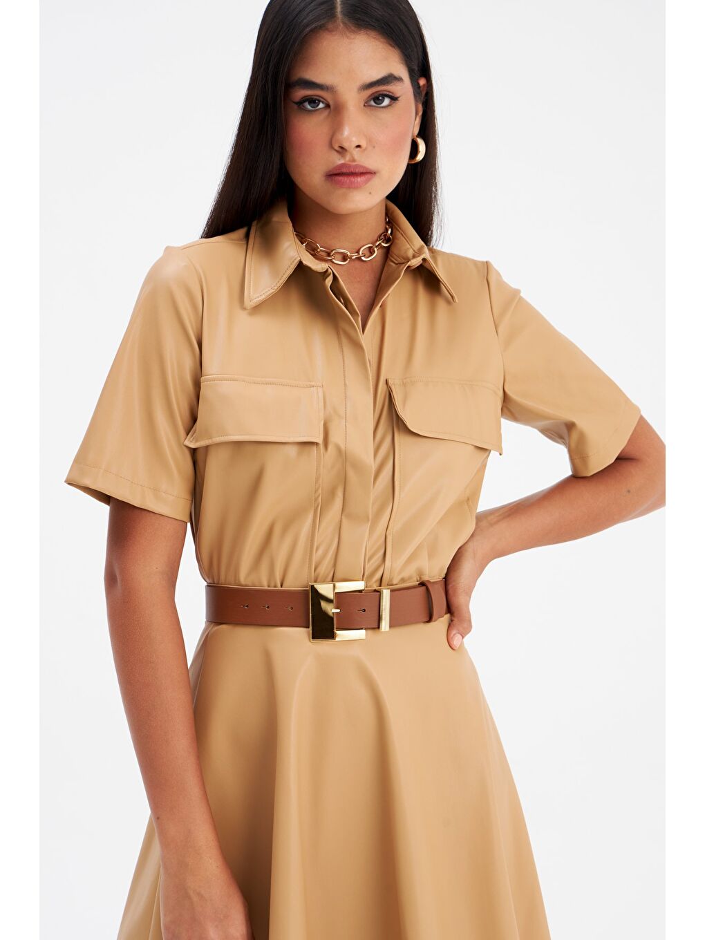 Cep Detaylı Deri Gömlek - Bej-2