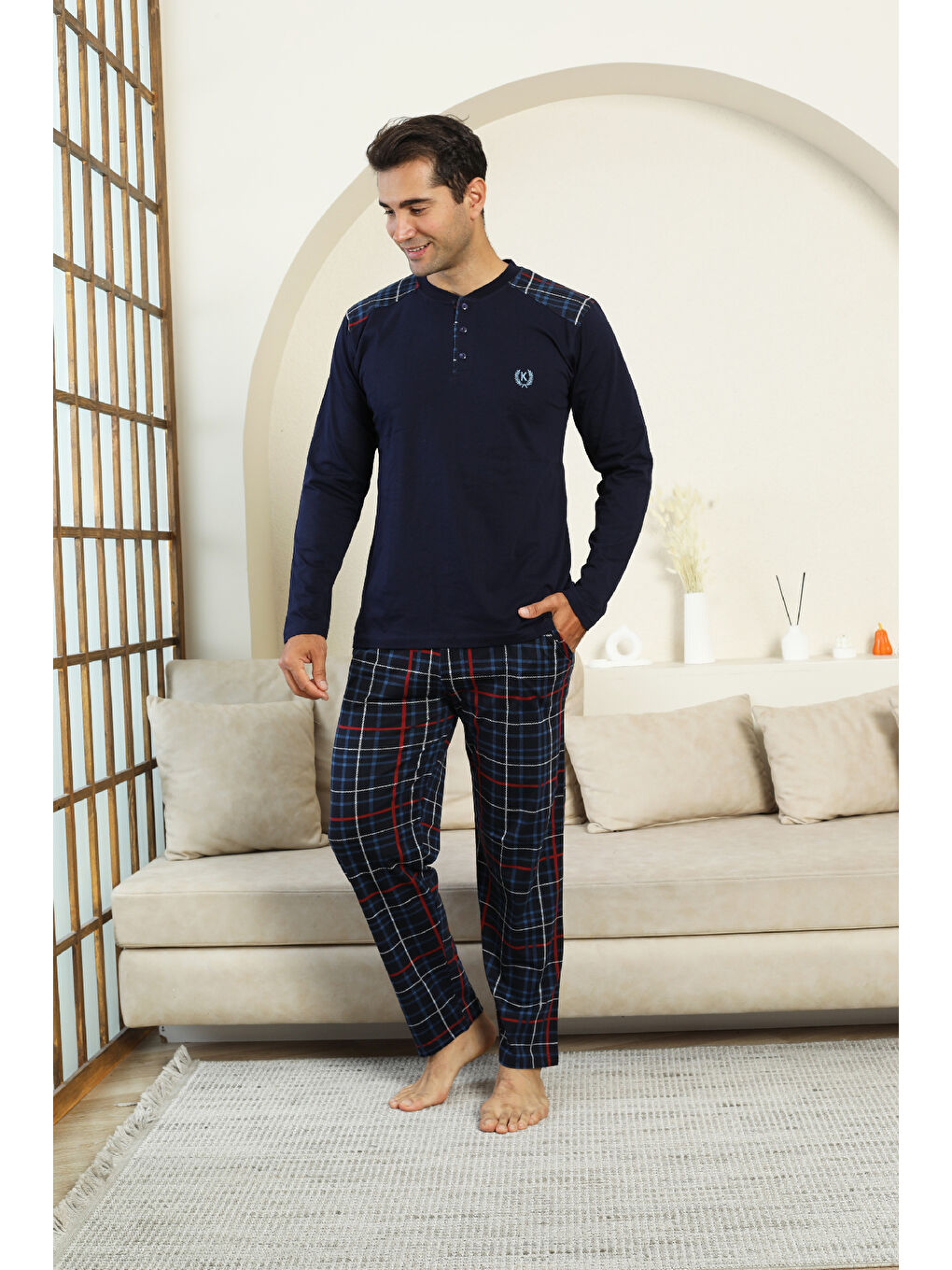 Lacivert Erkek %100 İnterlok Pamuk Kumaş Ekose Bloklu Pijama Takımı 12481-1