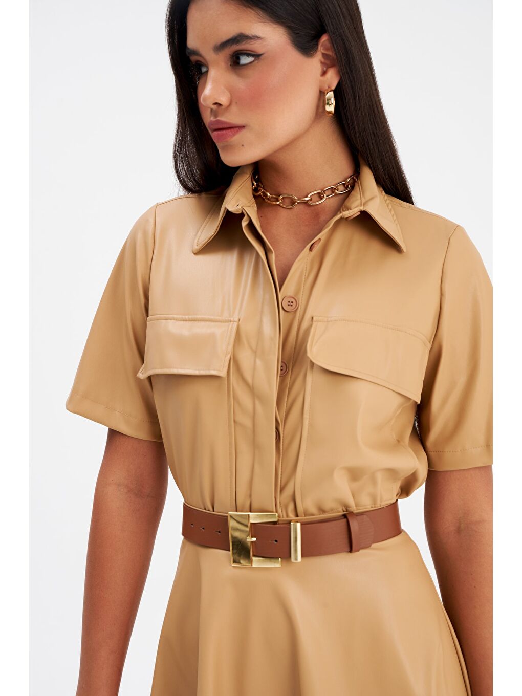 Cep Detaylı Deri Gömlek - Bej-3