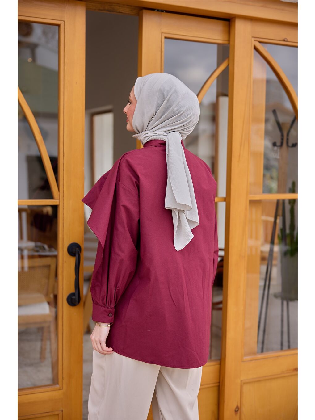 Kadın Balon Kol Çift Yaka Gömlek Bordo-4