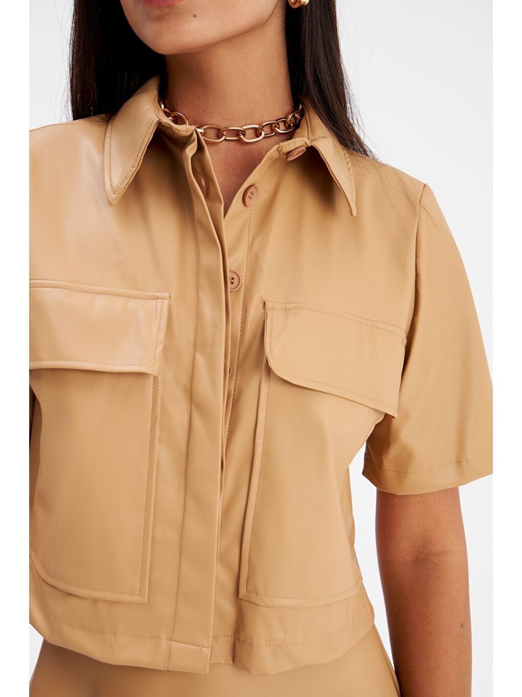 Cep Detaylı Deri Gömlek - Bej-4