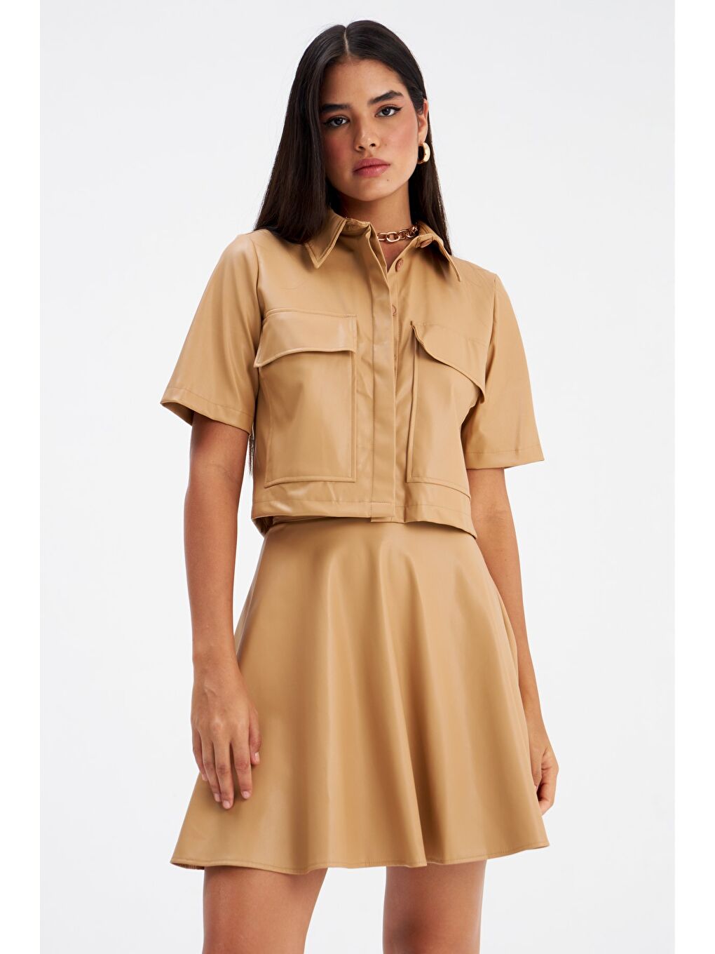 Cep Detaylı Deri Gömlek - Bej-5