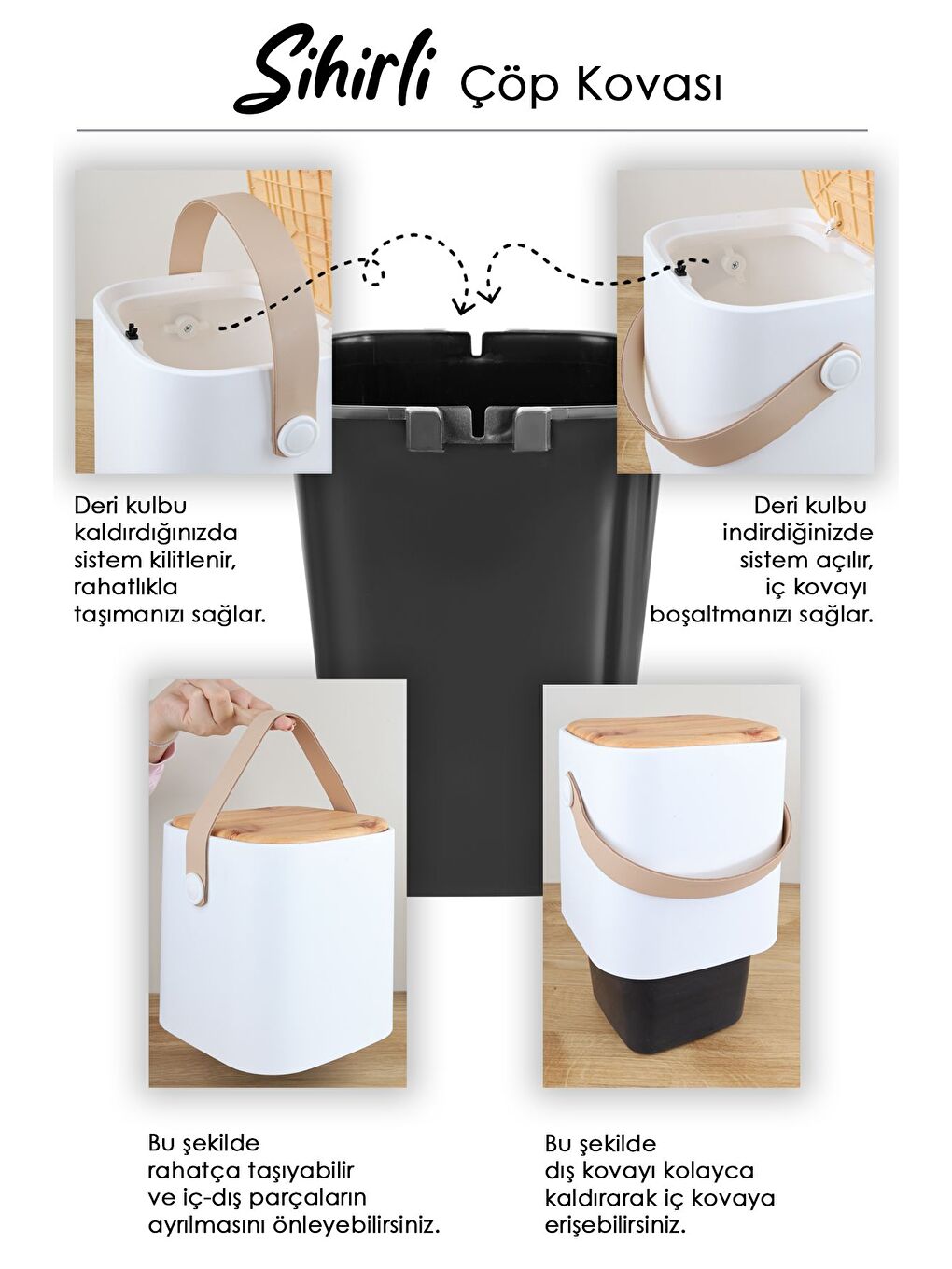 Ahşap Görünümlü Çöp Kovası Akıllı Kapak Tutma Saplı Kovalı Tezgah Üstü Mutfak Çöp Kovası 8Lt Beyaz-1