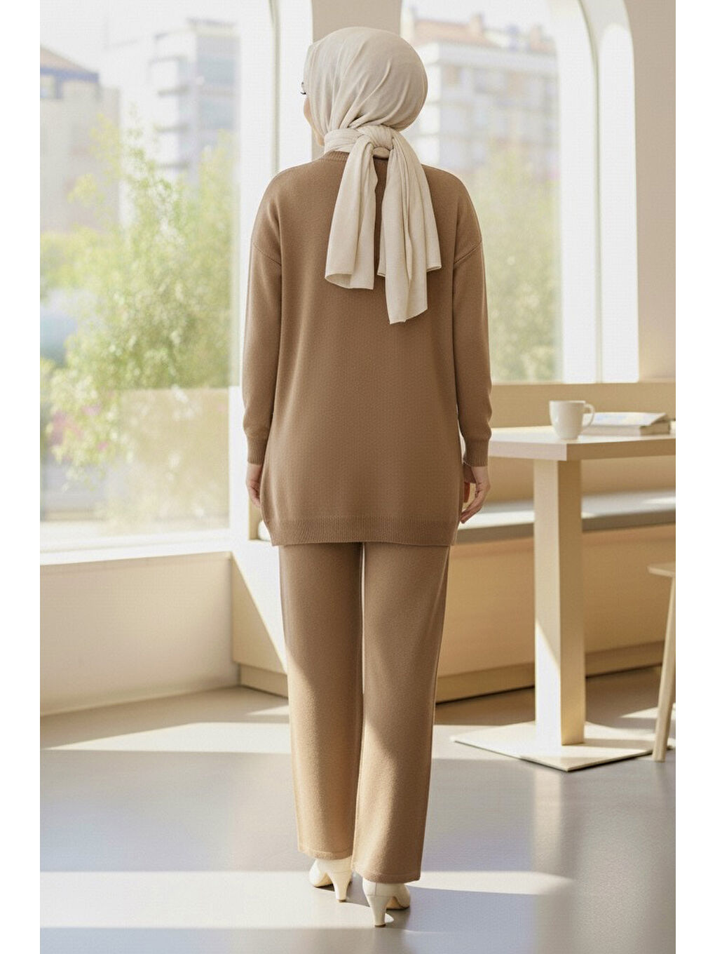 Bej Fiyonklu Nakışlı İkili Triko Takım Vizon - 28032-VIZON-2