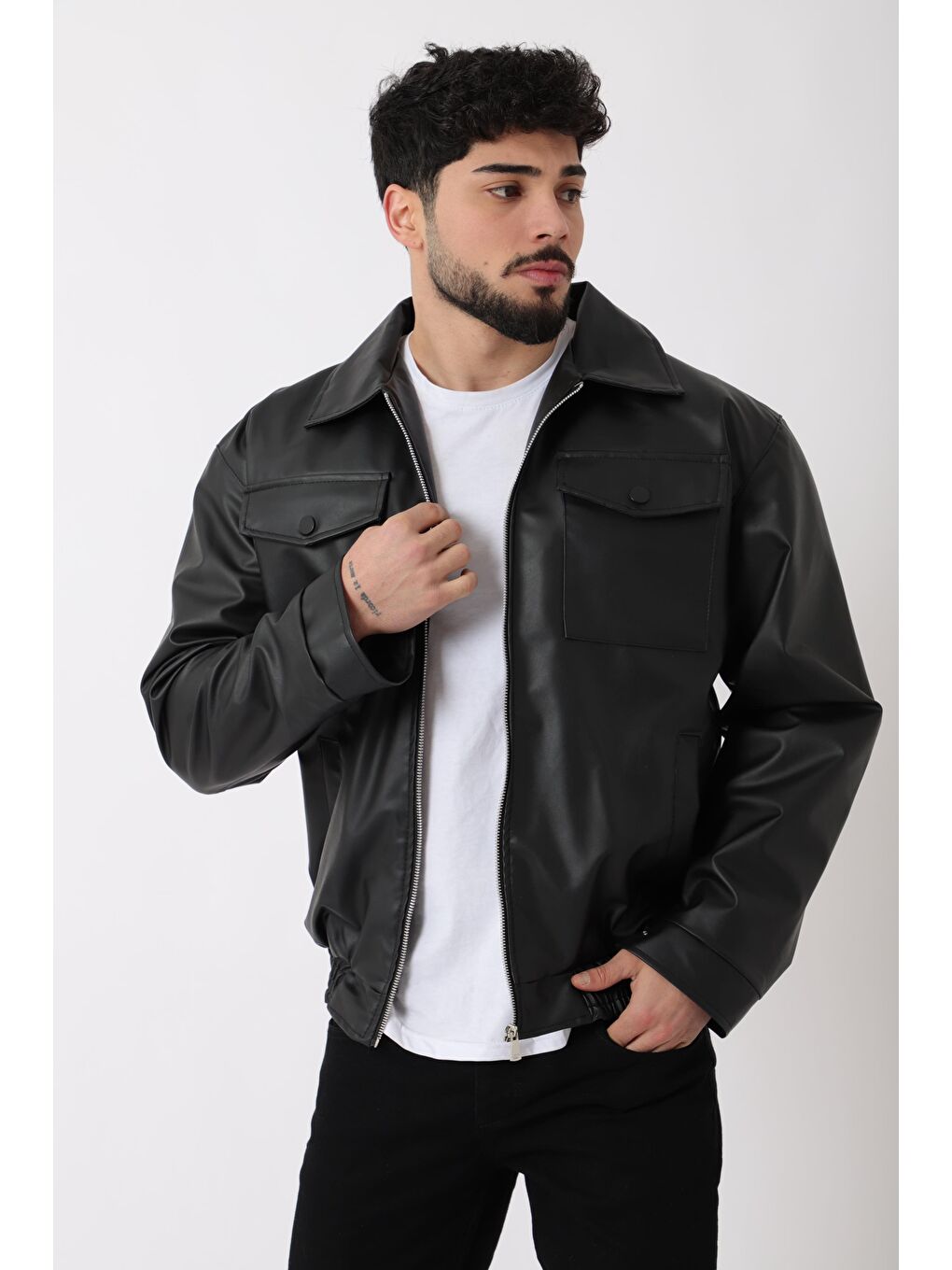 Siyah Bel Lastikli Kapaklı  Suni Deri Mont PLDP 2998_50447