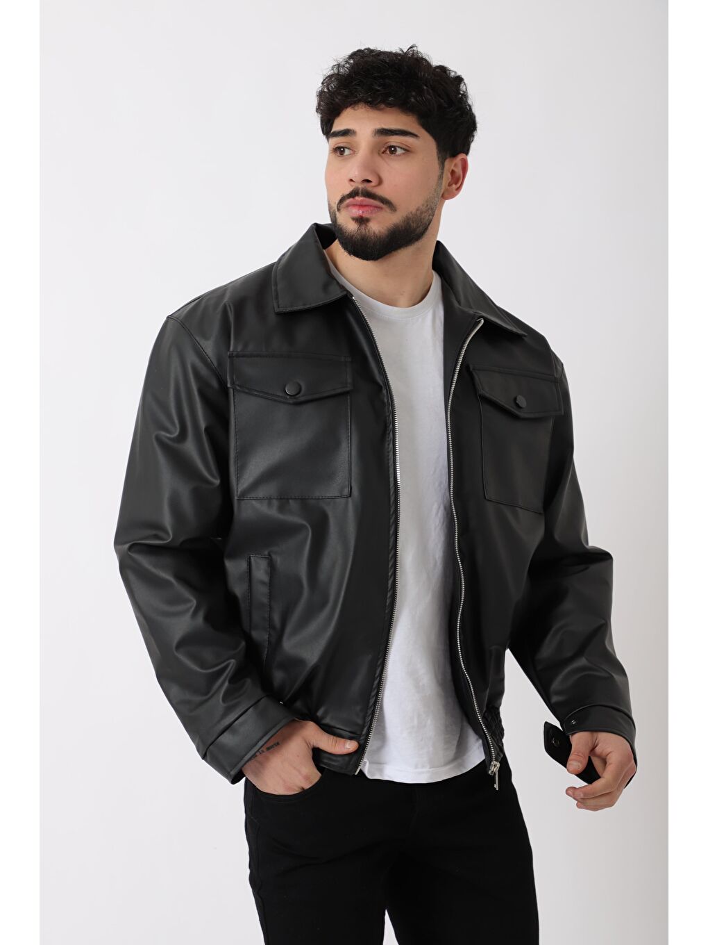 Siyah Bel Lastikli Kapaklı  Suni Deri Mont PLDP 2998_50447-1