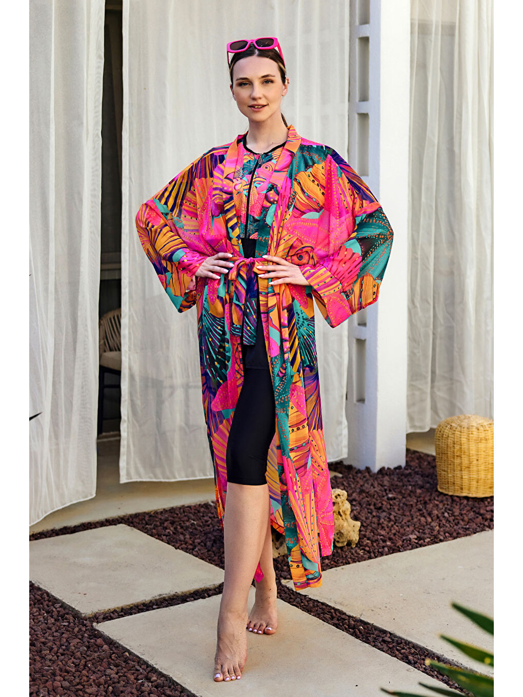 Remsa Tesettür Mayo Üzerine Tek Kaftan Kimono Pareo Pembe02 RP023 Color Shell-1