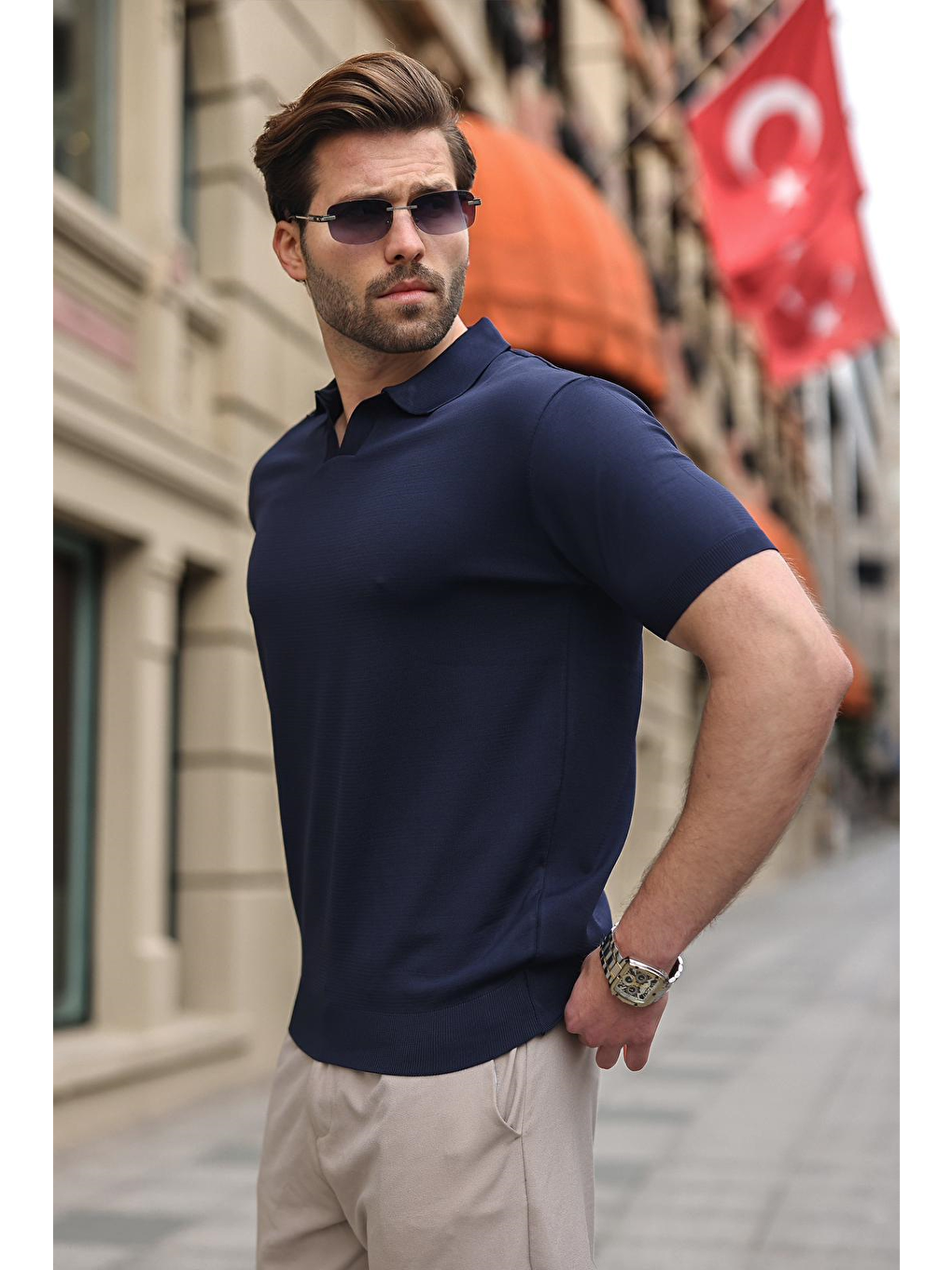Lacivert Polo Yaka Triko Kısa Kollu Erkek Tişört E7463