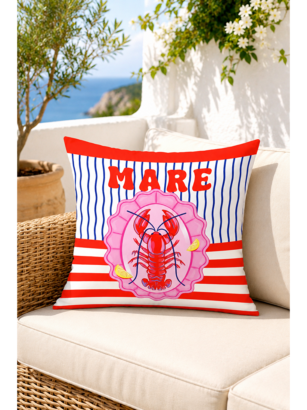 Beyaz Mare Istakoz Marin Desenli Dekoratif Kırlent Kılıfı Yazlık Akdeniz Dekoru 43x43 Cm-5