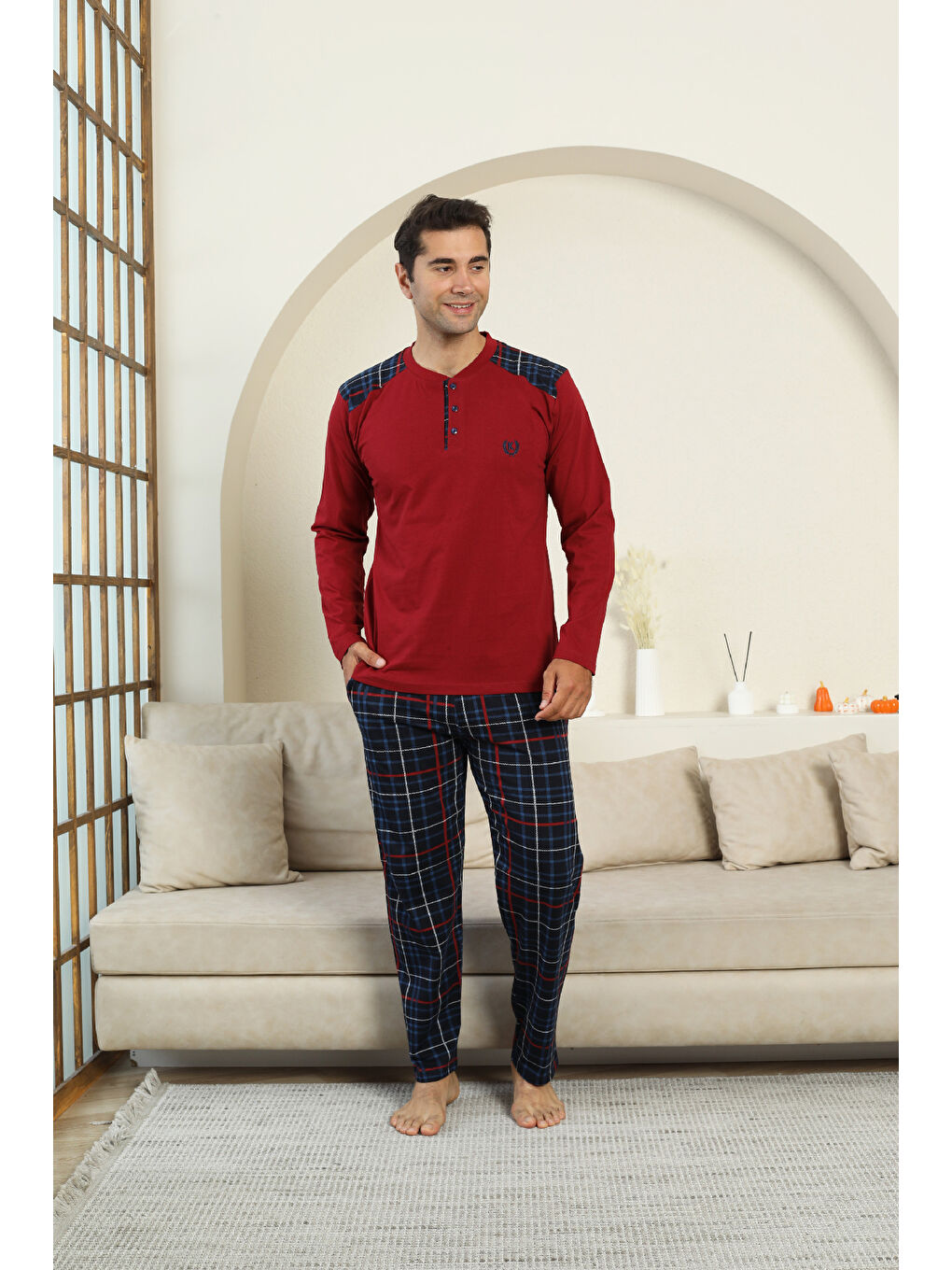 Bordo Erkek %100 İnterlok Pamuk Kumaş Ekose Bloklu Pijama Takımı 12481-1