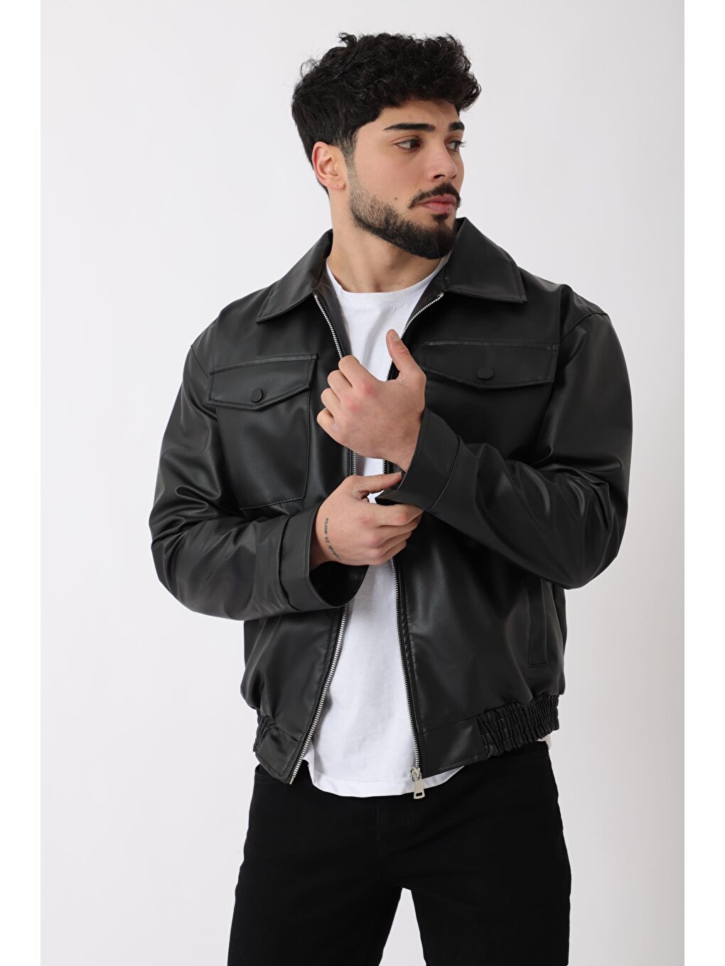 Siyah Bel Lastikli Kapaklı  Suni Deri Mont PLDP 2998_50447-2