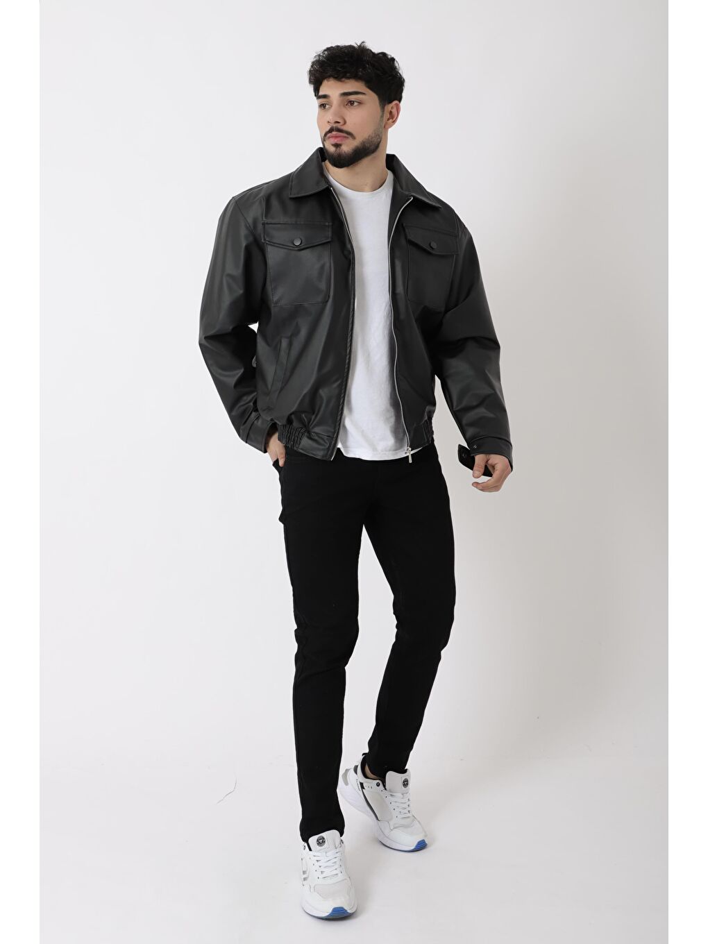 Siyah Bel Lastikli Kapaklı  Suni Deri Mont PLDP 2998_50447-3