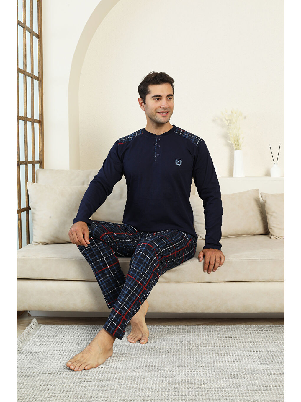 Lacivert Erkek %100 İnterlok Pamuk Kumaş Ekose Bloklu Pijama Takımı 12481-2