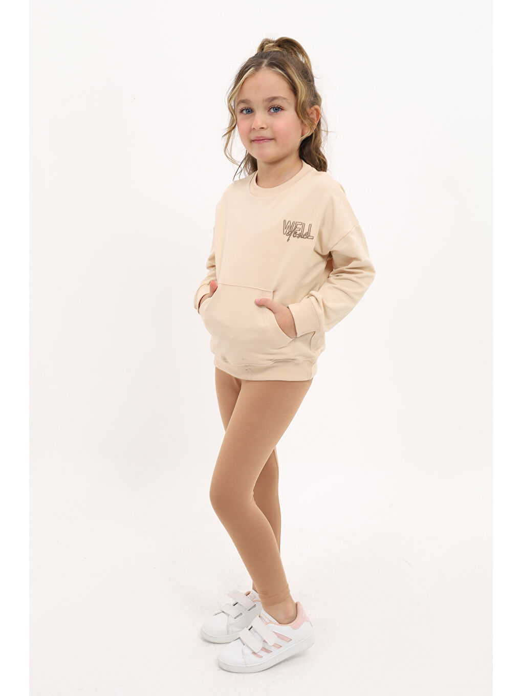 Bej Kız Çocuk Nakışlı Taytlı Takım