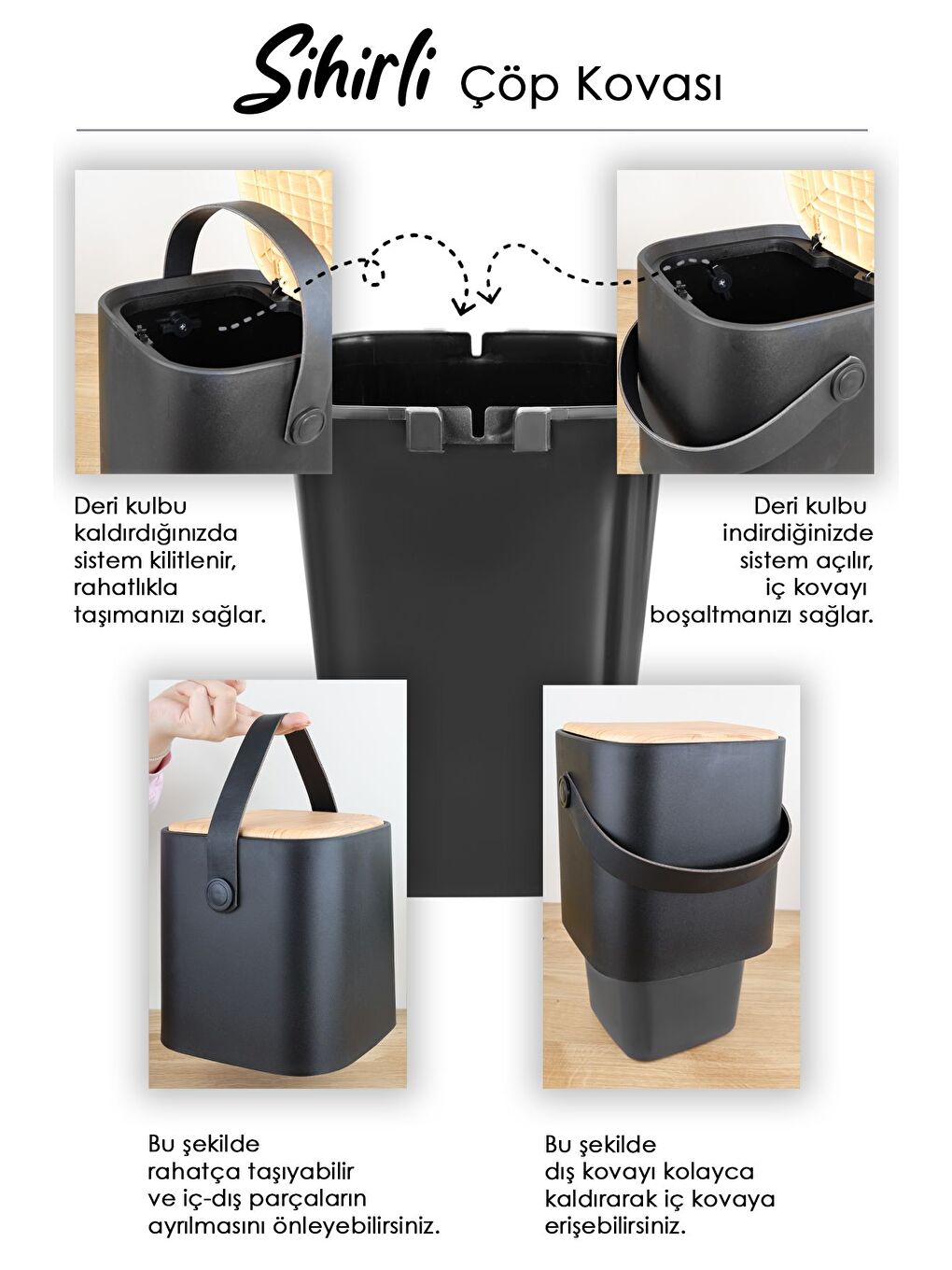 Ahşap Görünümlü Çöp Kovası Akıllı Kapak Tutma Saplı Kovalı Tezgah Üstü Mutfak Çöp Kovası 4Lt Siyah-1