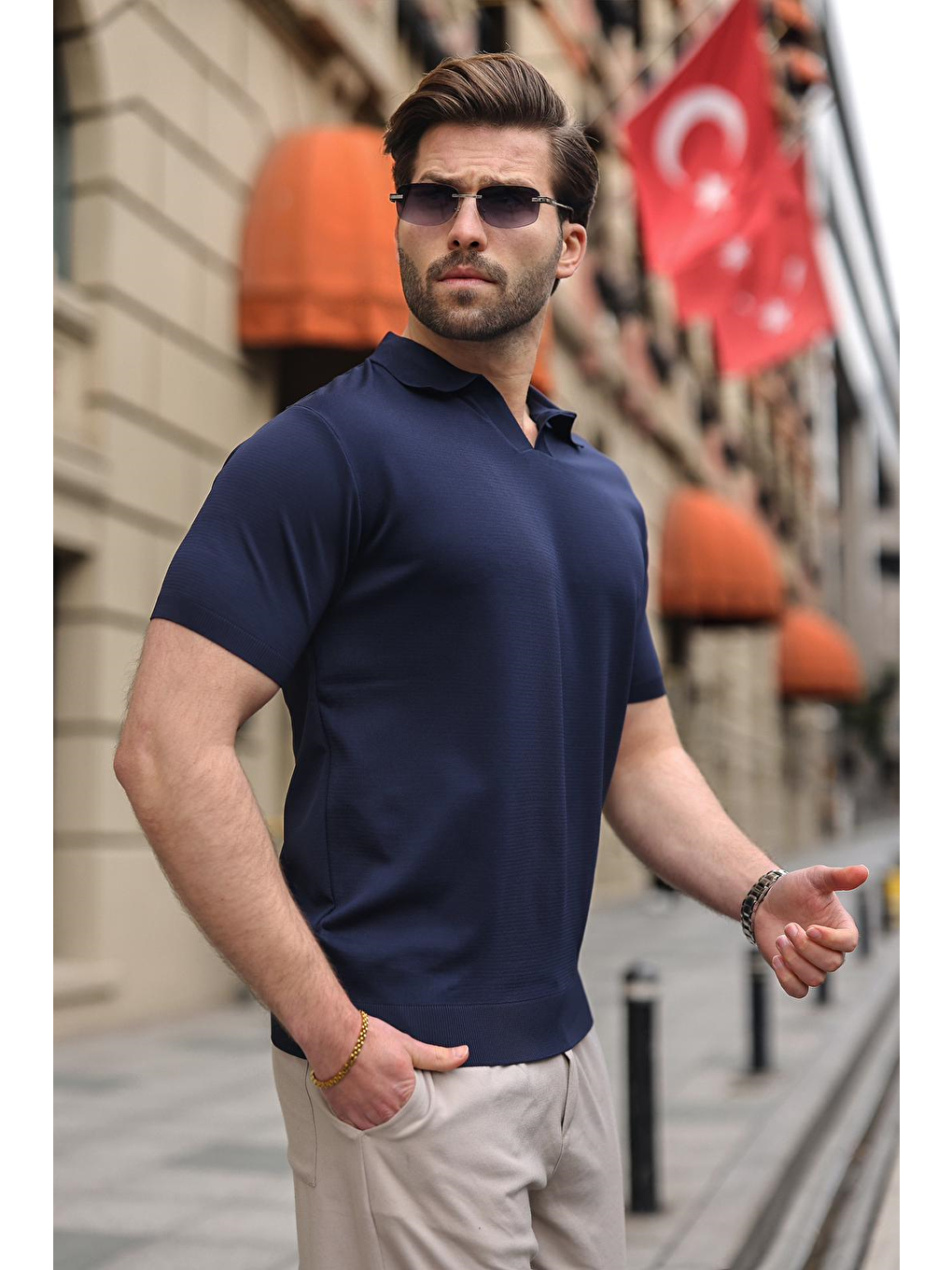 Lacivert Polo Yaka Triko Kısa Kollu Erkek Tişört E7463-3