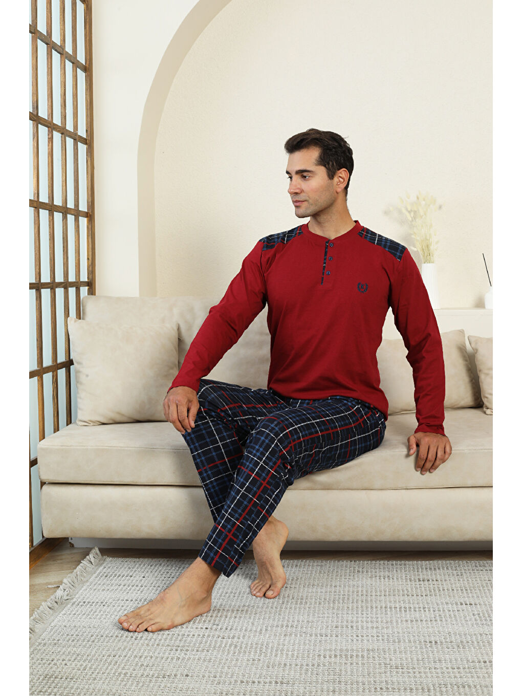 Bordo Erkek %100 İnterlok Pamuk Kumaş Ekose Bloklu Pijama Takımı 12481-2