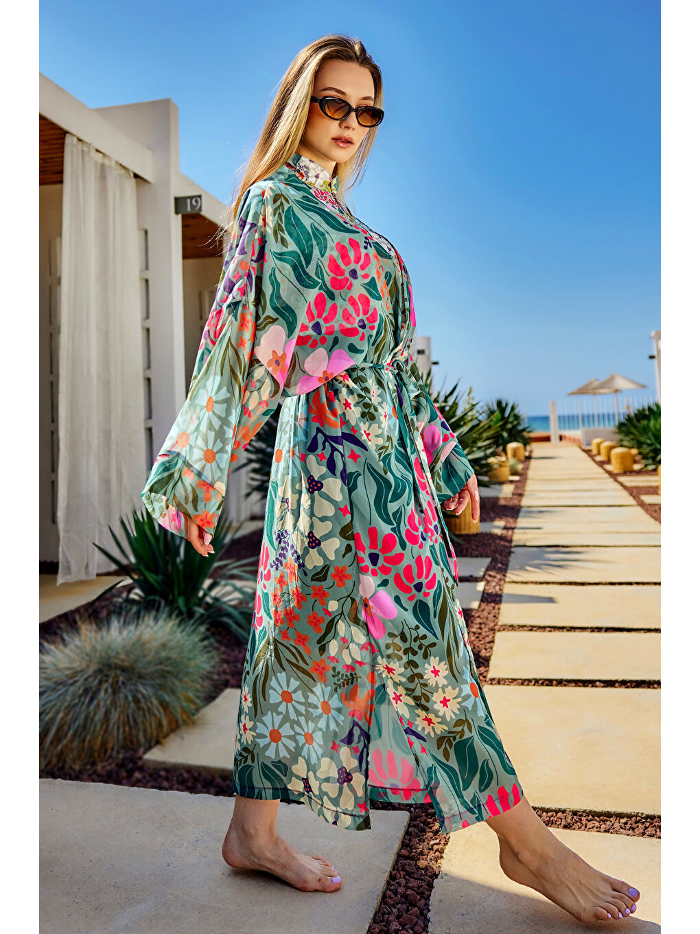 Remsa Tesettür Mayo Üzerine Tek Kaftan Kimono Pareo Yeşil RP026 Patara