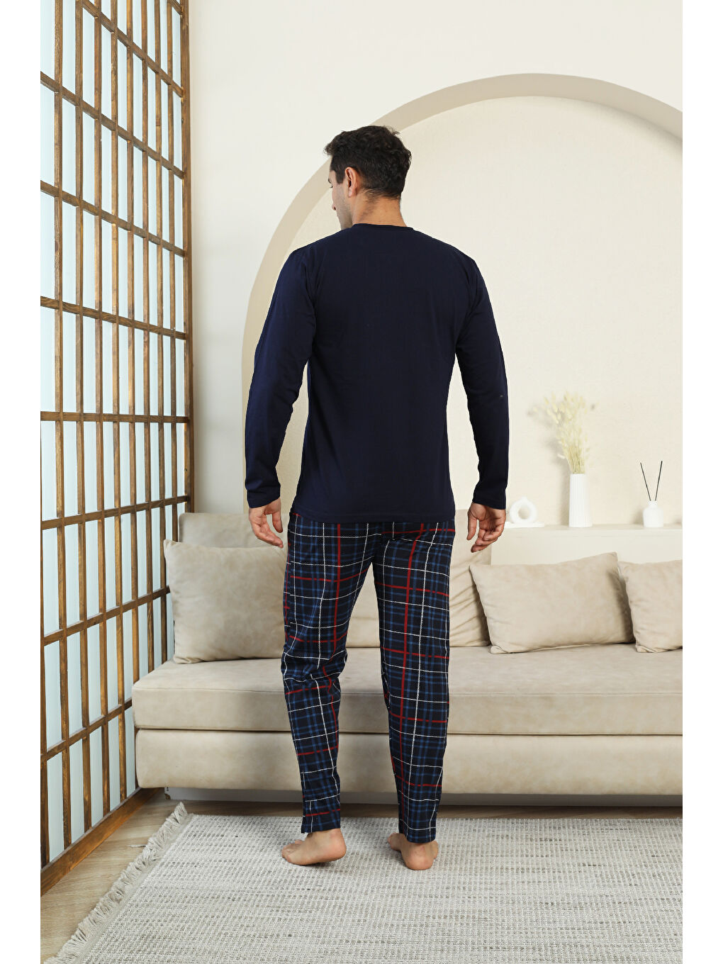 Lacivert Erkek %100 İnterlok Pamuk Kumaş Ekose Bloklu Pijama Takımı 12481-3