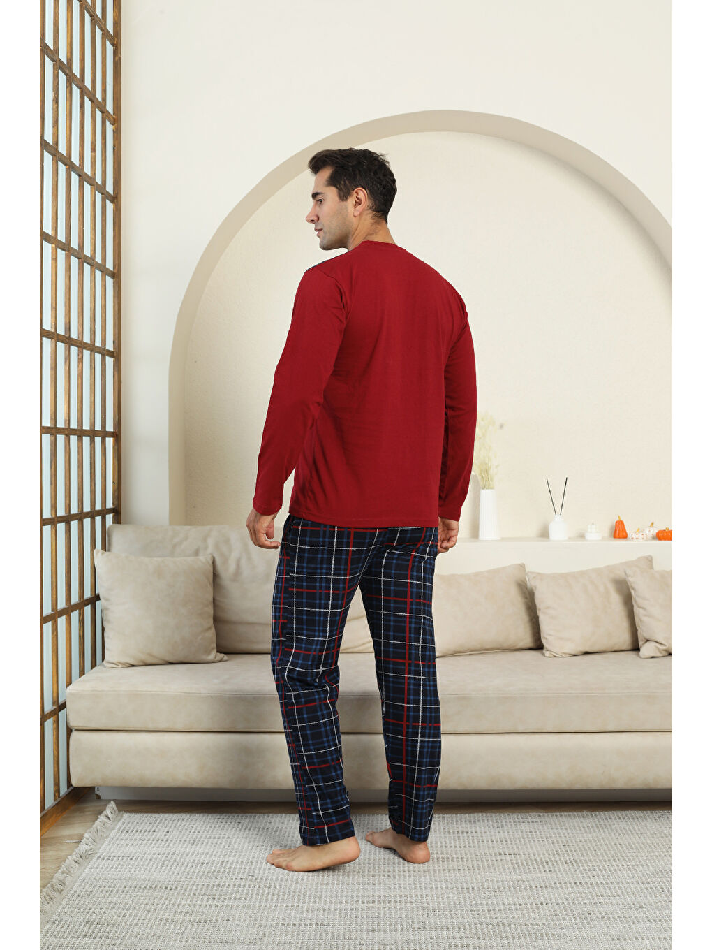 Bordo Erkek %100 İnterlok Pamuk Kumaş Ekose Bloklu Pijama Takımı 12481-3