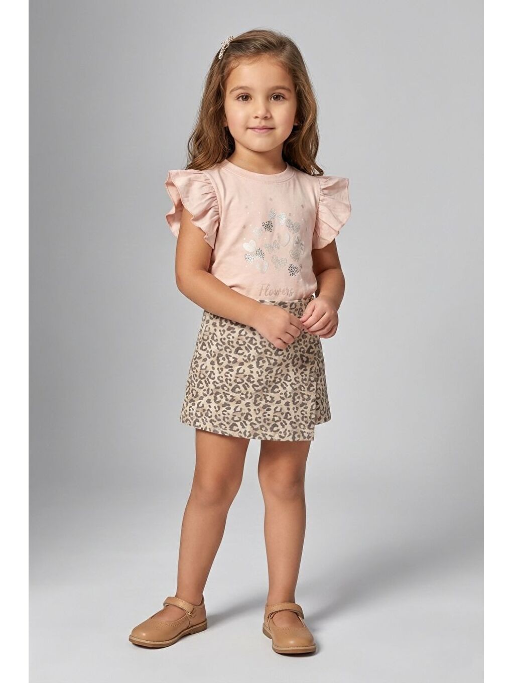 Pembe Kız Çocuk Leopar Şort Etek & Fırfırlı Tişört 2li Tarz Kombin M00801