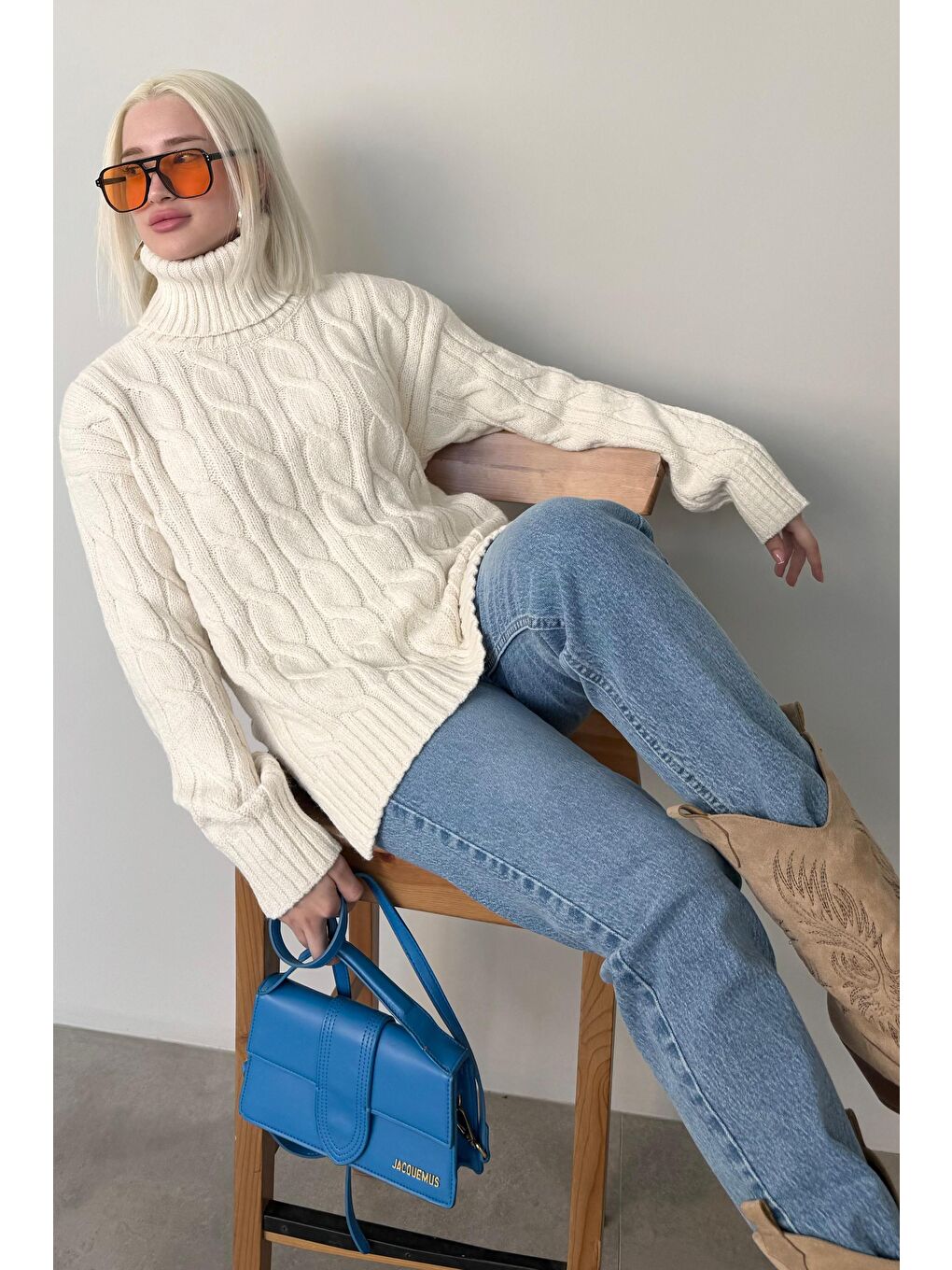 Ekru Boğazlı Triko Kazak Mg2376-1