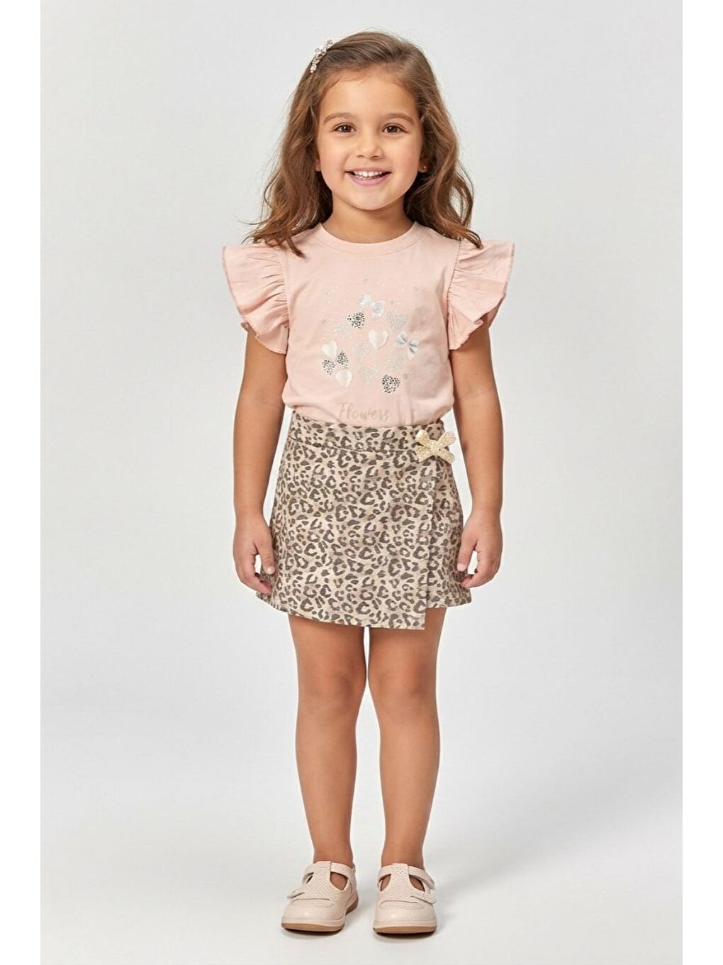 Pembe Kız Çocuk Leopar Şort Etek & Fırfırlı Tişört 2li Tarz Kombin M00801-1