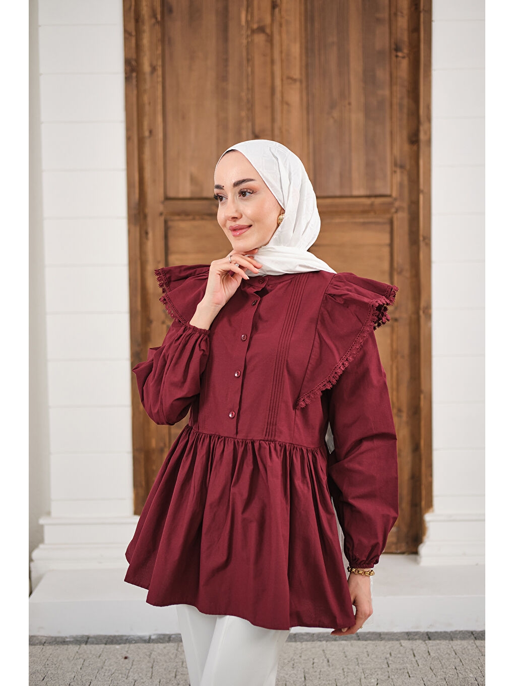 Kadın Bel Büzgülü Pile Detay Bisiklet Yaka Gömlek Bordo