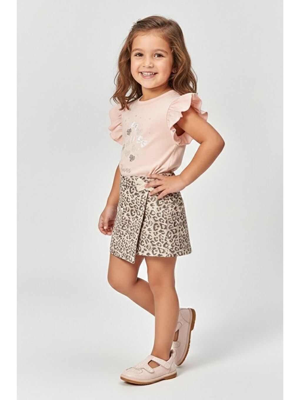 Pembe Kız Çocuk Leopar Şort Etek & Fırfırlı Tişört 2li Tarz Kombin M00801-2