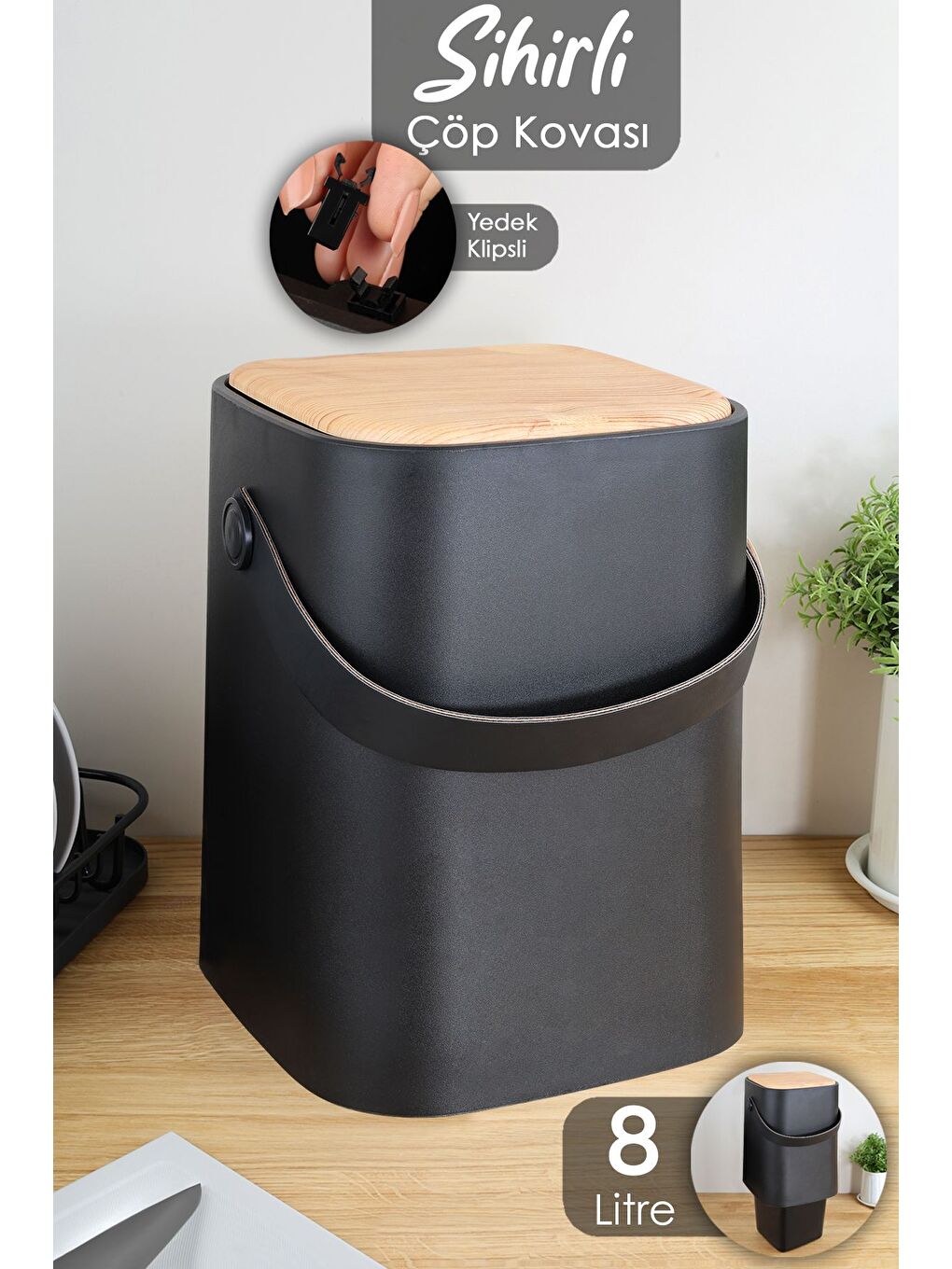 Ahşap Görünümlü Çöp Kovası Akıllı Kapak Tutma Saplı Kovalı Tezgah Üstü Mutfak Çöp Kovası 8Lt Siyah