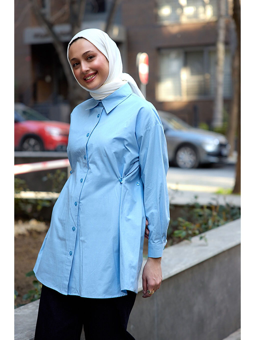 Kadın Yanları Düğme Detaylı Gömlek Mavi-1