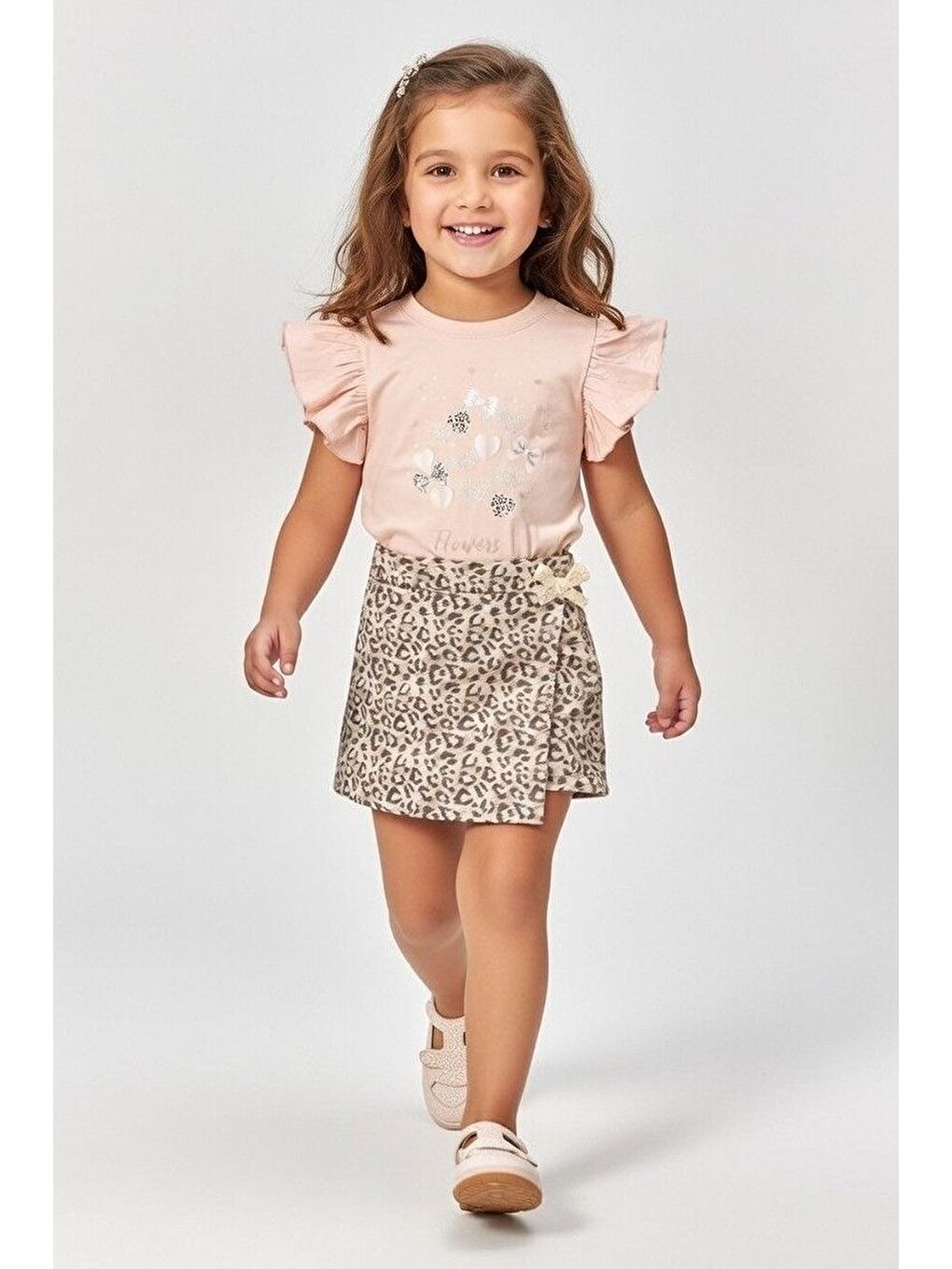 Pembe Kız Çocuk Leopar Şort Etek & Fırfırlı Tişört 2li Tarz Kombin M00801-4