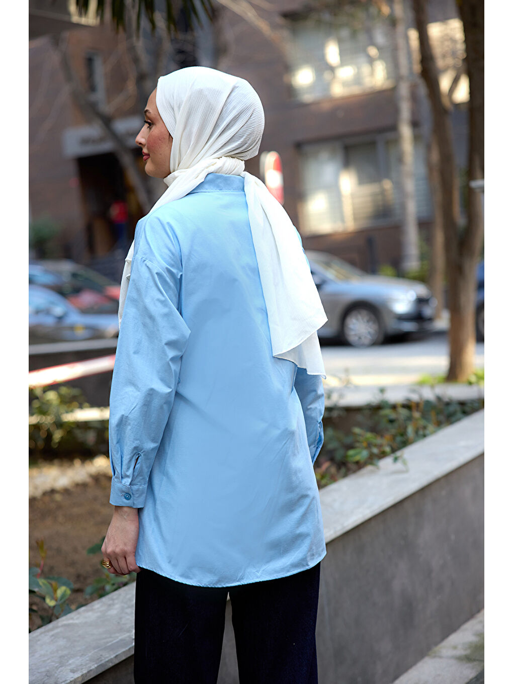 Kadın Yanları Düğme Detaylı Gömlek Mavi-2