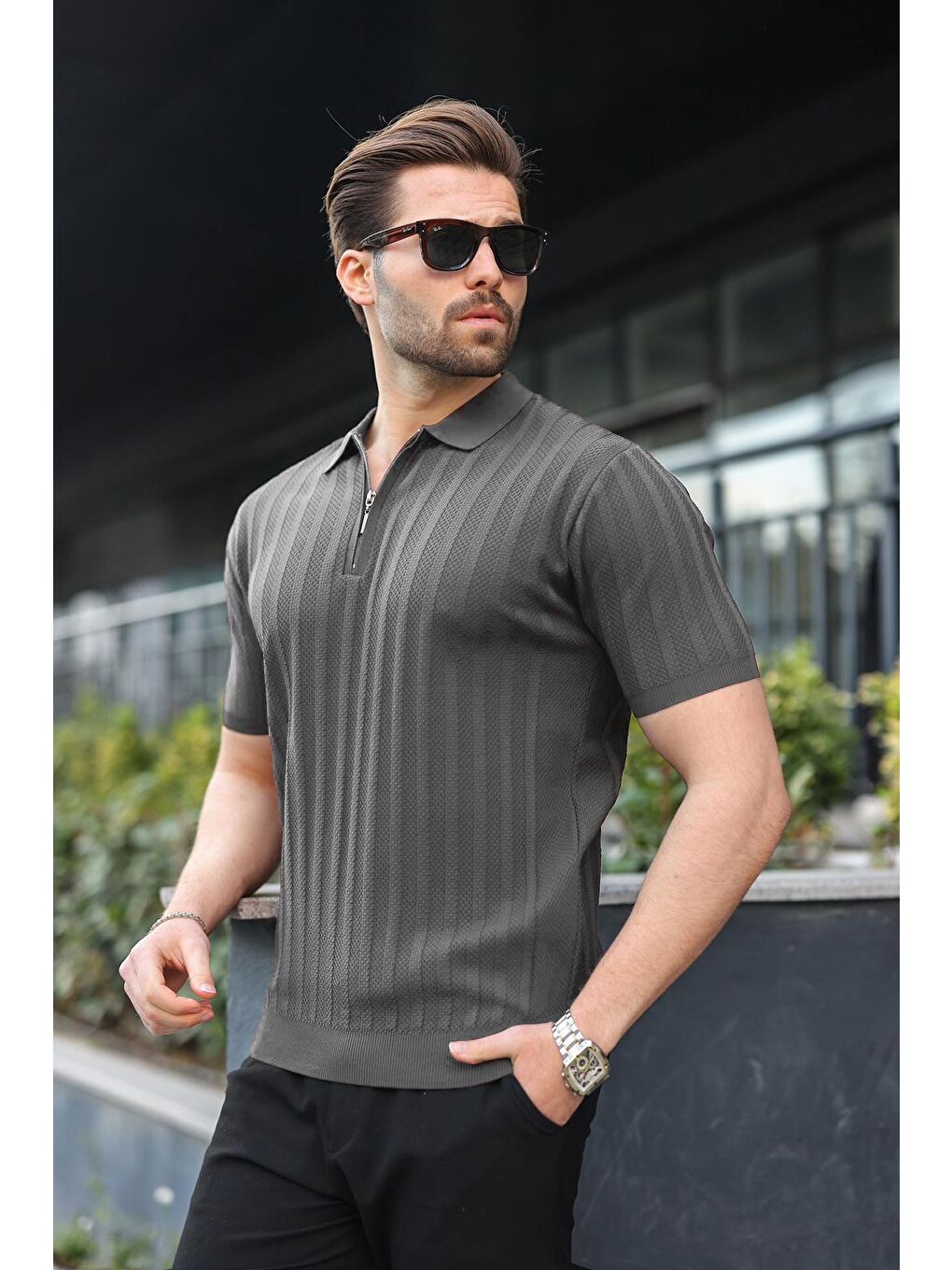 Antrasit Yarım Fermuarlı Polo Yaka Erkek Triko Tişört E7458-1