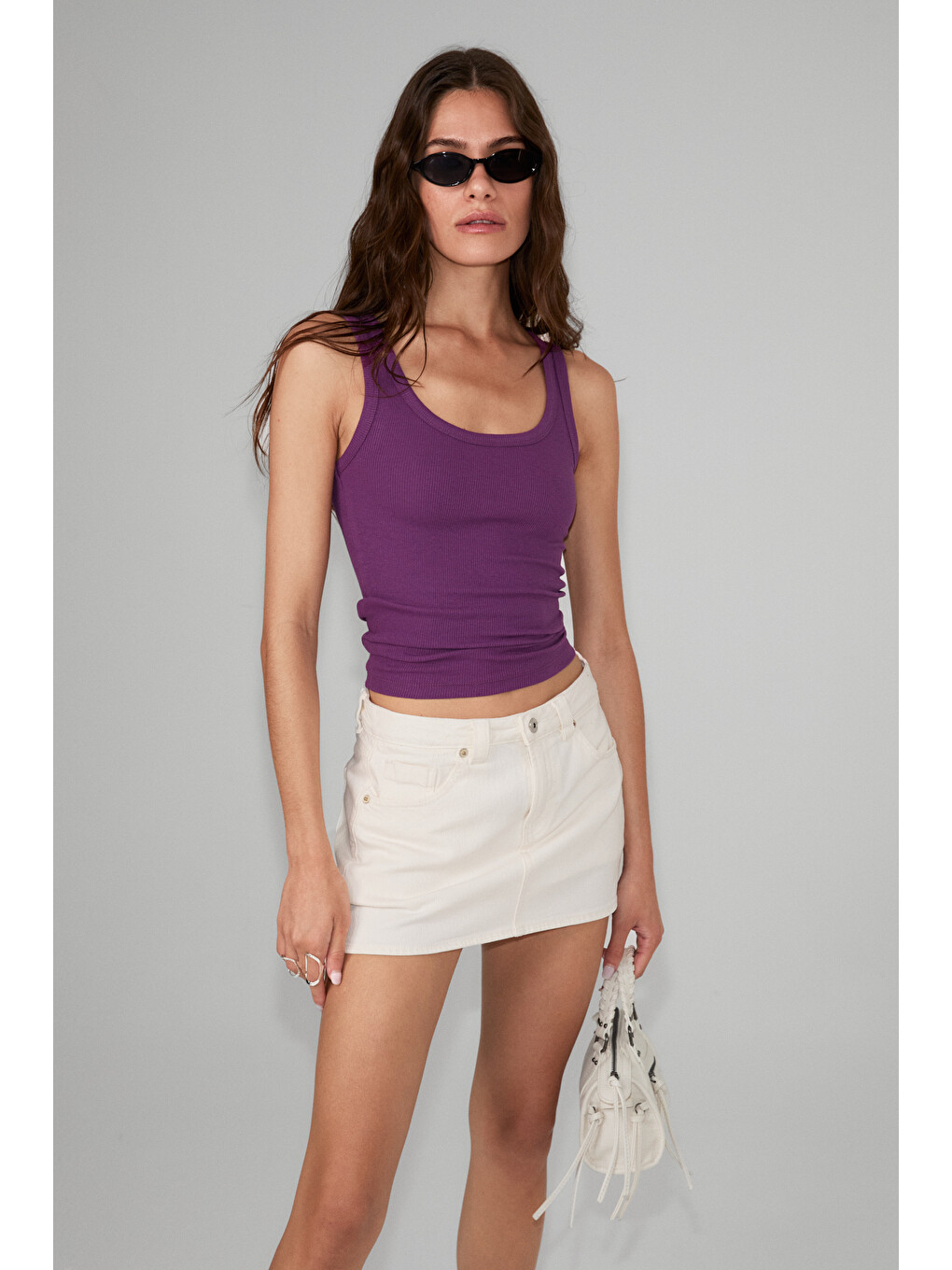 Lıllesol Kadın Fitilli Görünümlü Slim Fit Vücuda Oturan Havuz Yakalı Pamuklu Basic Mor Atlet-1