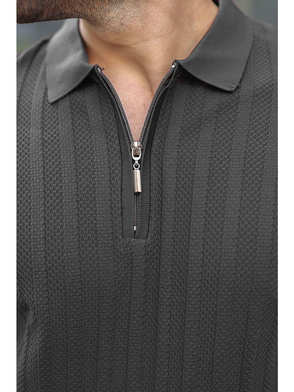 Antrasit Yarım Fermuarlı Polo Yaka Erkek Triko Tişört E7458-2