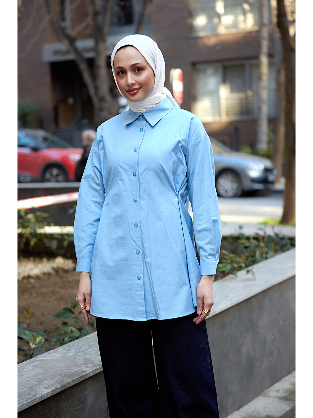 Kadın Yanları Düğme Detaylı Gömlek Mavi-3