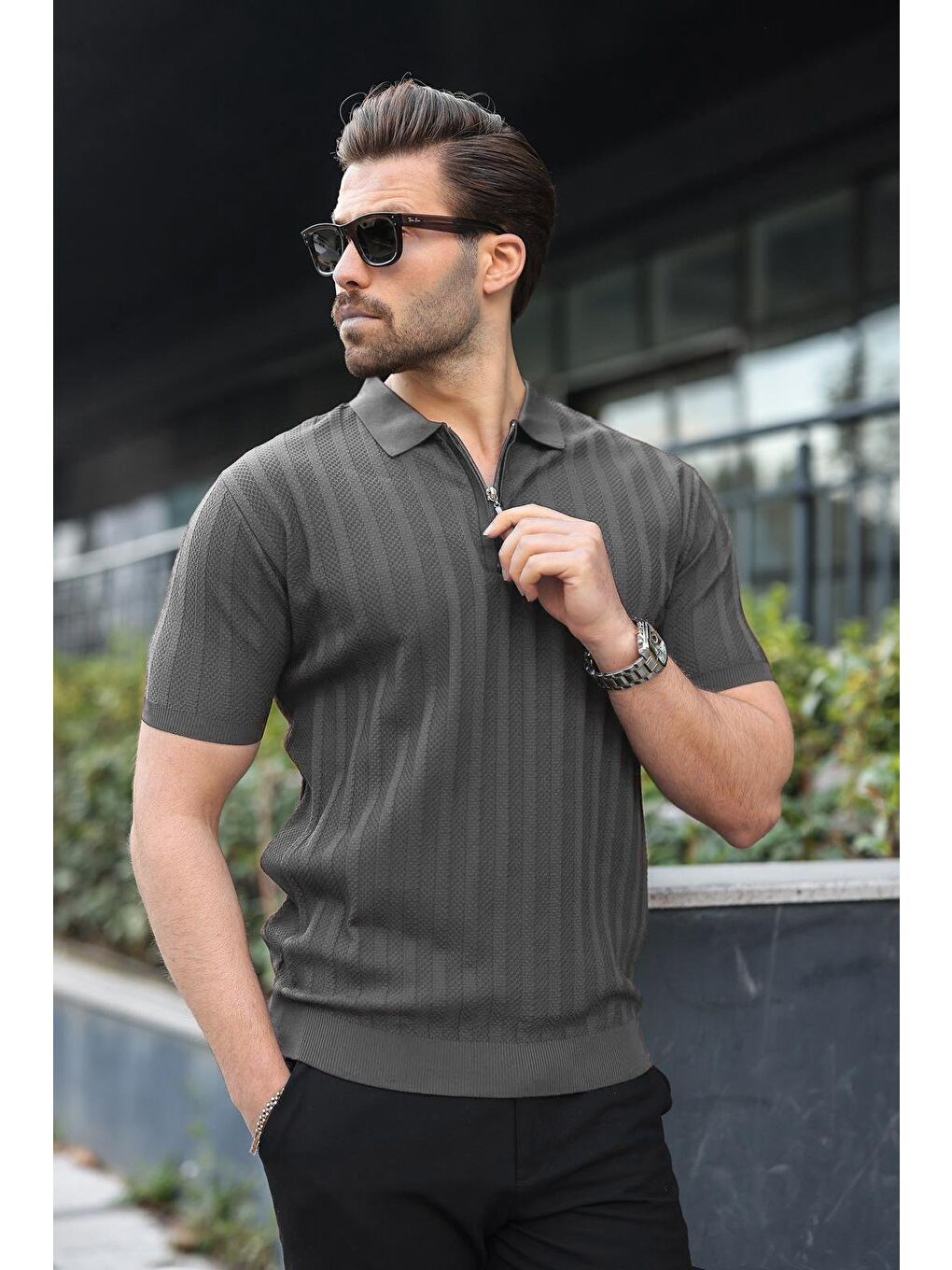 Antrasit Yarım Fermuarlı Polo Yaka Erkek Triko Tişört E7458-3