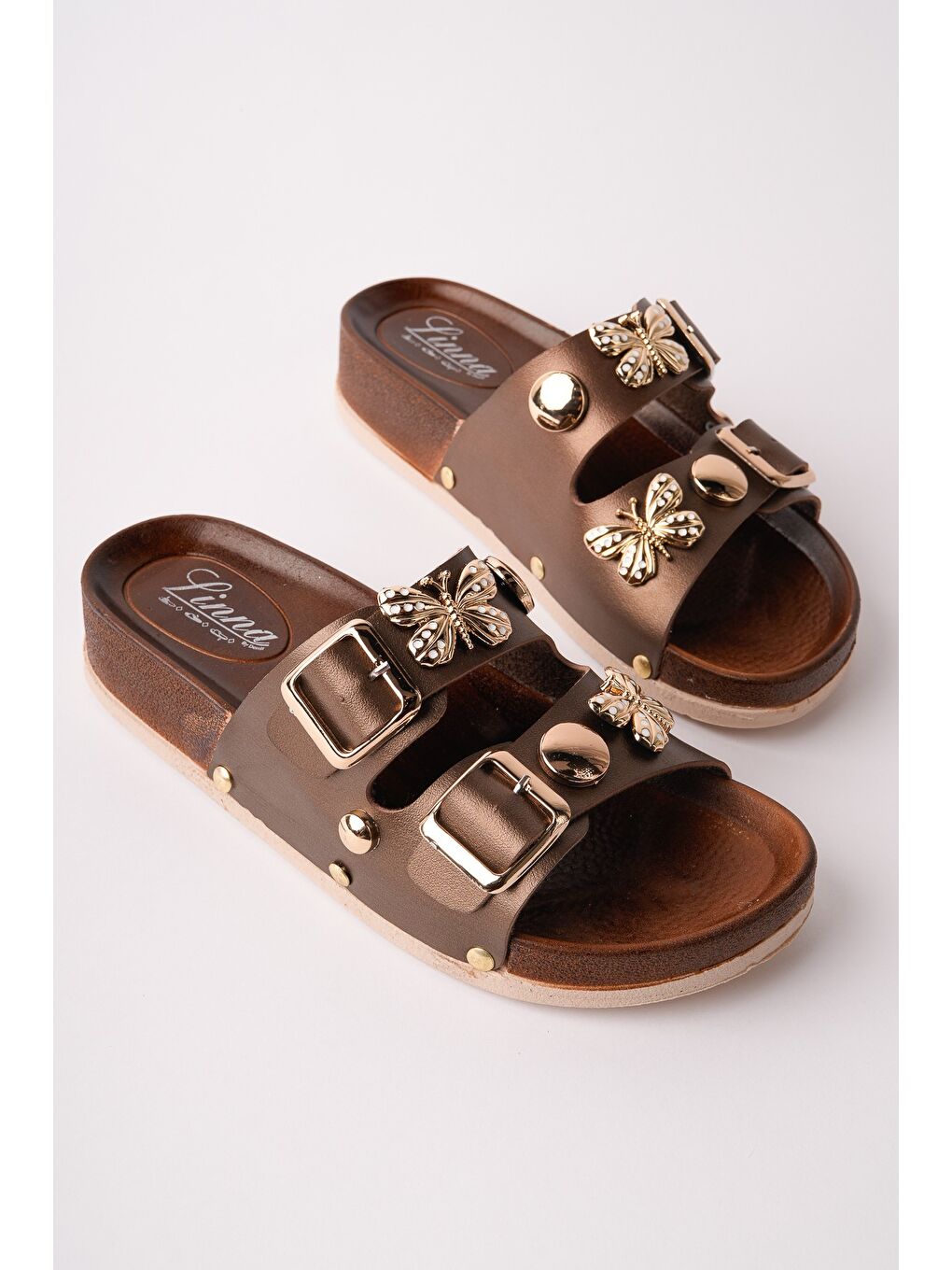 Kahverengi NYSSA Kelebek Aksesuarlı Çift Tokalı Günlük Kadın Terlik