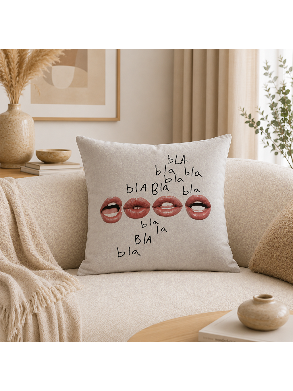 Bej Bla Bla Dudak Yazı Baskılı Pop Art Dekoratif Kırlent Kılıfı Modern Dekor 43x43 Cm-6