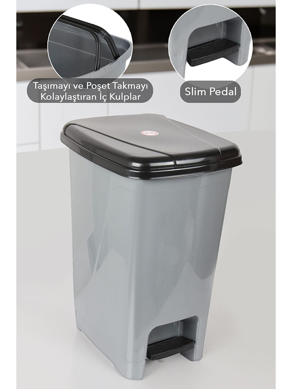 Pedallı Gri Banyo Mutfak Çöp Kovası Siyah Kapaklı Slim Pedallı Çöp Kovası 8 Litre-1