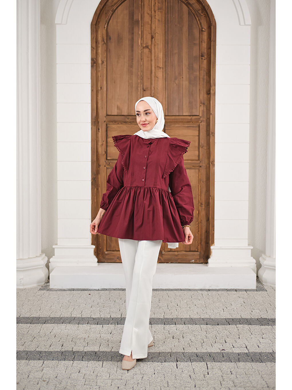 Kadın Bel Büzgülü Pile Detay Bisiklet Yaka Gömlek Bordo-1